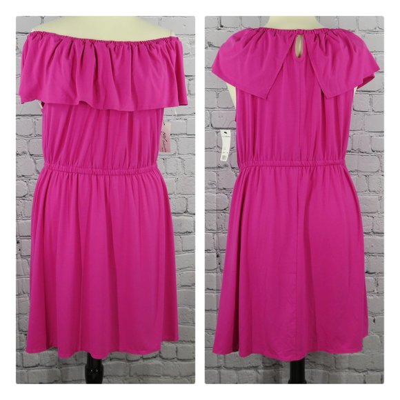 NY Collection Dresses & Skirts - NWT - Women's Plus Off-the-Shoulder Keyhole Casual Dress - Bright Pink
